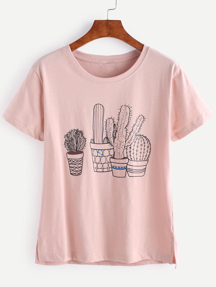 Romwe Pink Potted Cactus Print T-shirt