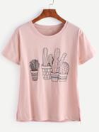 Romwe Pink Potted Cactus Print T-shirt