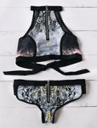 Romwe Black Printed Mesh Detail Zipper Up Halter Bikini Set