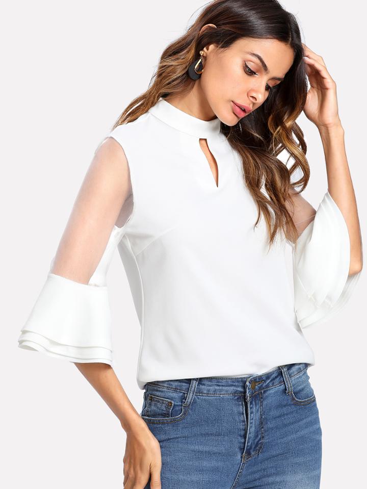 Romwe Mesh Insert Layered Sleeve Zip Back Top