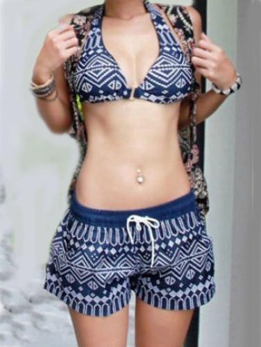 Romwe Navy Tribal Print Halter Neck Bikini Set