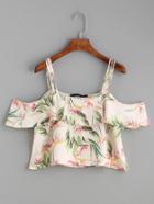 Romwe Apricot Botanical Print Strappy Cold Shoulder Top