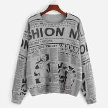 Romwe Drop Shoulder Letter And Cartoon Jumper