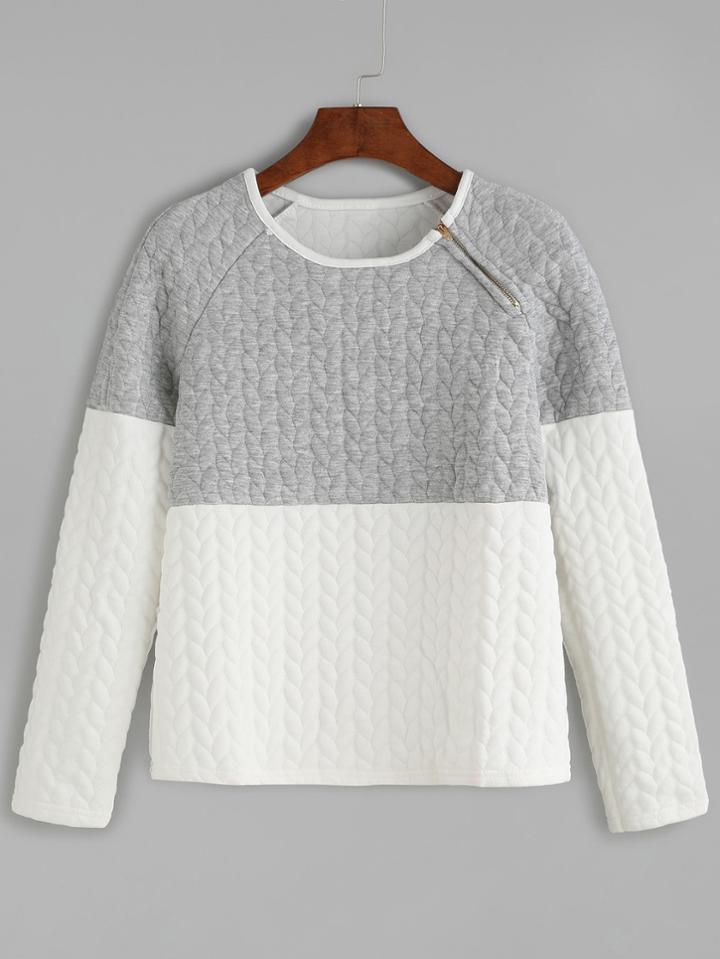 Romwe Color Block Zipper Trim Embossed Sweatshirt
