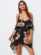 Romwe Double Plunge Frill Layered Random Florals Dress