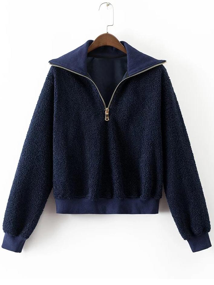 Romwe Navy Zipper Neck Ribbed Trim Sweatshirt