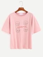 Romwe Pink Dropped Shoulder Seam Print T-shirt