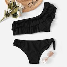 Romwe Ruffle One Shoulder Top With Tie Side Bikini