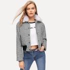 Romwe Faux Fur Collar Houndstooth Jacket