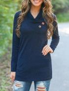 Romwe Draped Neck Buttons Navy Sweater