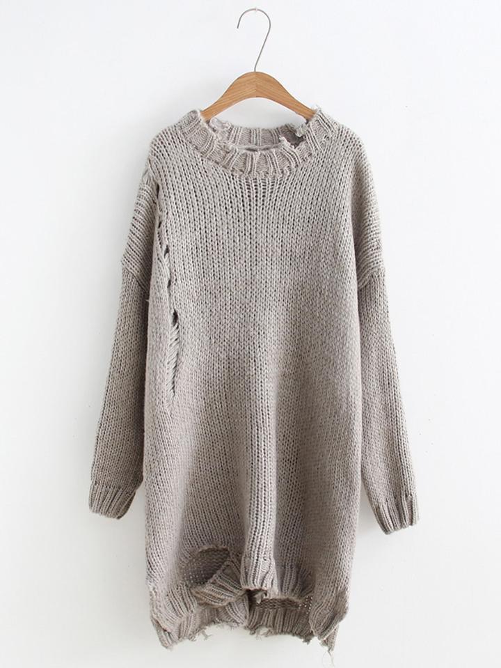 Romwe Side Slit Ripped Longline Sweater