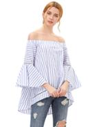 Romwe Contrast Striped Off The Shoulder Bell Sleeve Blouse