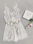 Romwe Ribbon Tie Waist Plunging Lace Sleep Romper