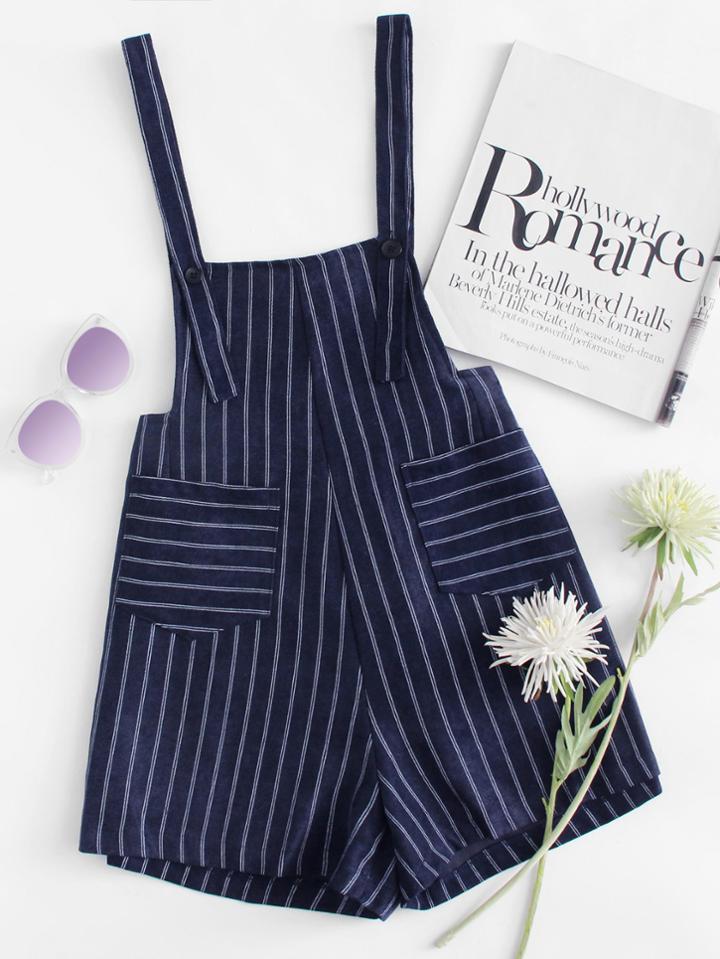 Romwe Dual Pocket Button Detail Striped Jumpsuit