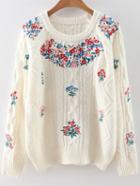 Romwe White Floral Embroidery Raglan Sleeve Sweater