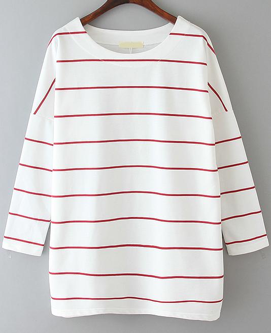 Romwe Striped Loose White And Red T-shirt