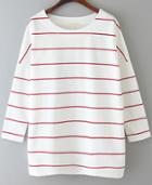 Romwe Striped Loose White And Red T-shirt