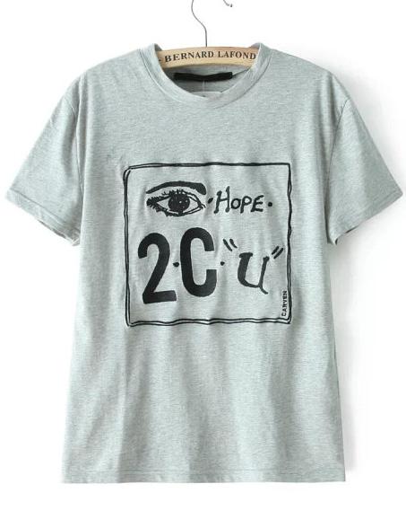 Romwe Grey Short Sleeve Eye Embroidered T-shirt