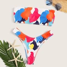 Romwe Graphic Print Bandeau With High Leg Bikini Set