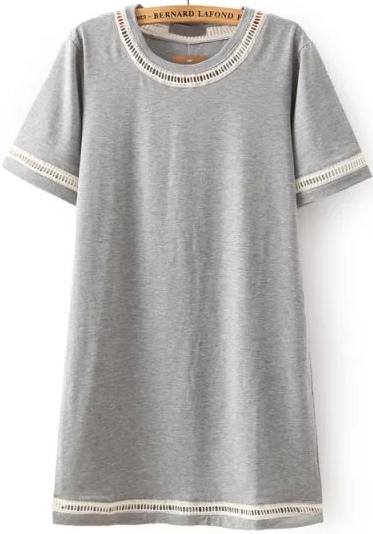 Romwe Contrast Lace Hollow Shift Grey Dress