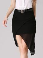 Romwe Asymmetric Black Sheer Skirt With Belt
