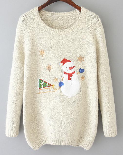 Romwe Snowman Pattern Knit White Sweater