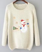 Romwe Snowman Pattern Knit White Sweater