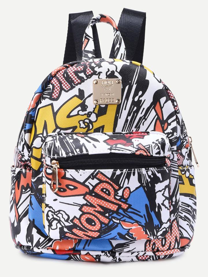 Romwe White Pu Wildstyle Graffiti Backpack