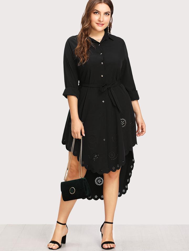 Romwe Laser Cut Out Scallop Edge High Low Shirt Dress