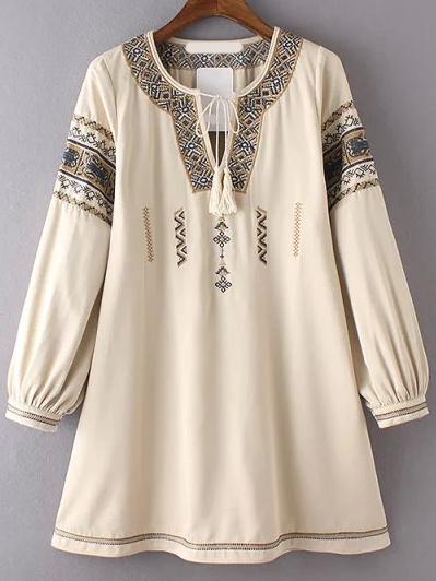 Romwe V Neck Lace Up Embroidered Apricot Dress