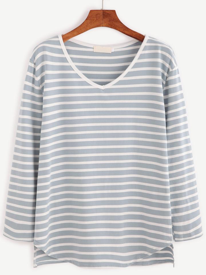 Romwe Blue Striped V Neck Dip Hem T-shirt