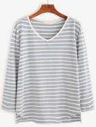 Romwe Blue Striped V Neck Dip Hem T-shirt