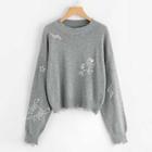 Romwe Mixed Embroidery Raw Hem Sweater