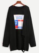 Romwe Black Number Print Drop Shoulder Ripped Sweatshirt