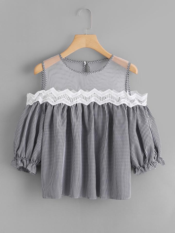 Romwe Sheer Mesh Panel Lace Trim Checked Top