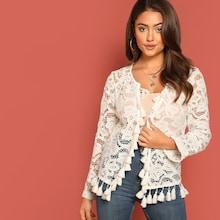 Romwe Tassel Trim Cut-out Geo Lace Coat