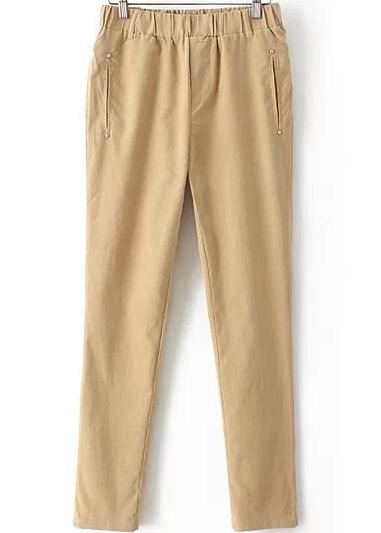 Romwe Elastic Waist Pockets Khaki Pant