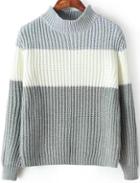 Romwe Colour-block High Neck Knit Sweater