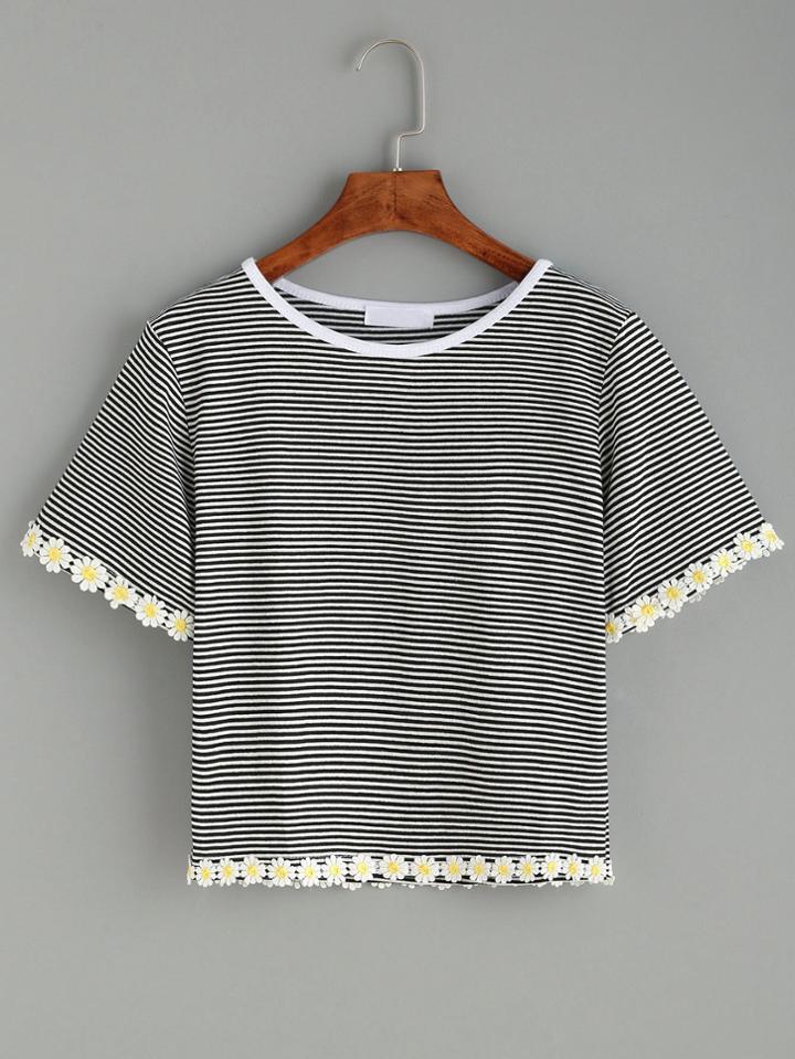 Romwe Black Striped Daisy Crochet Trim T-shirt