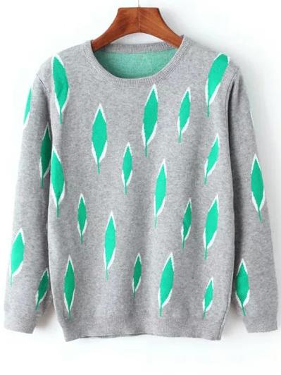 Romwe Round Neck Leaves Print Grey Sweater