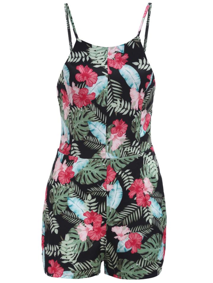 Romwe Spaghetti Strap Flower Print Black Romper