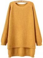 Romwe Raglan Sleeve Dip Hem Ribbed Slit Khaki Jumper