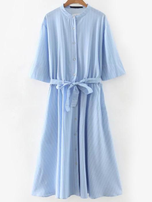 Romwe Blue Letter Print Back Shirt Dress With Self Tie