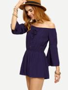 Romwe Off-the-shoulder Lace-up Bell Sleeve Romper - Blue