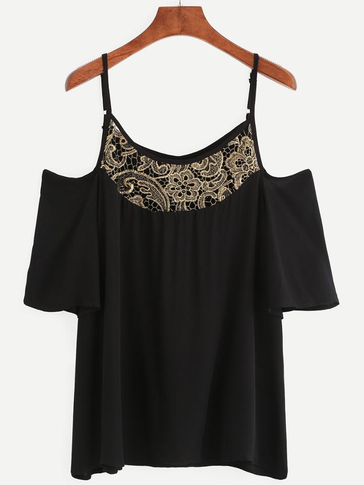Romwe Black Cold Shoulder Flower Lace Insert Top
