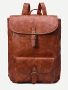 Romwe Camel Distressed Faux Leather Buckle Flap Backpack