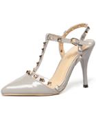 Romwe Gray Pierced T-strap Studded High Heel Sandals