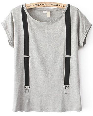Romwe Strap Print Grey T-shirt