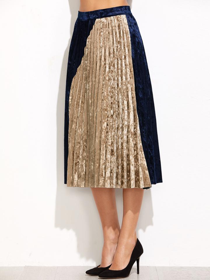 Romwe Color Block Pleated Velvet Skirt