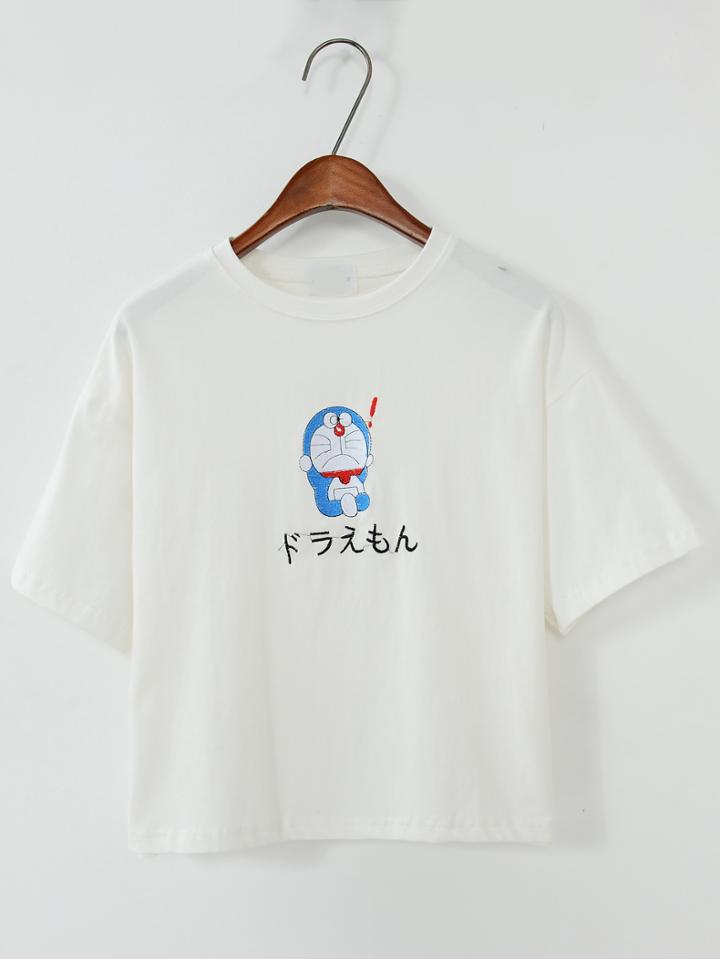 Romwe Doraemon Print White T-shirt